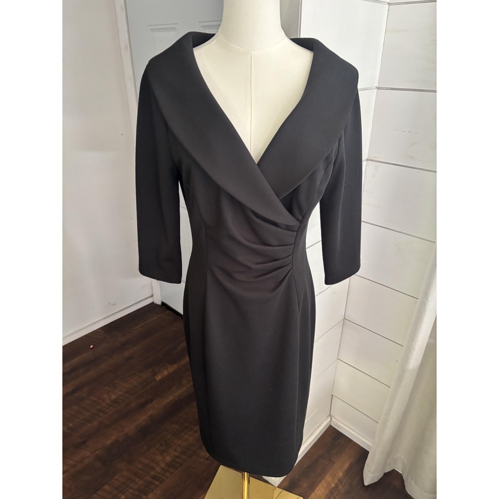 Kay Unger New York Dress Womens 8 Black Ruched V Neck Sheath Cocktail 3/4 Sleeve